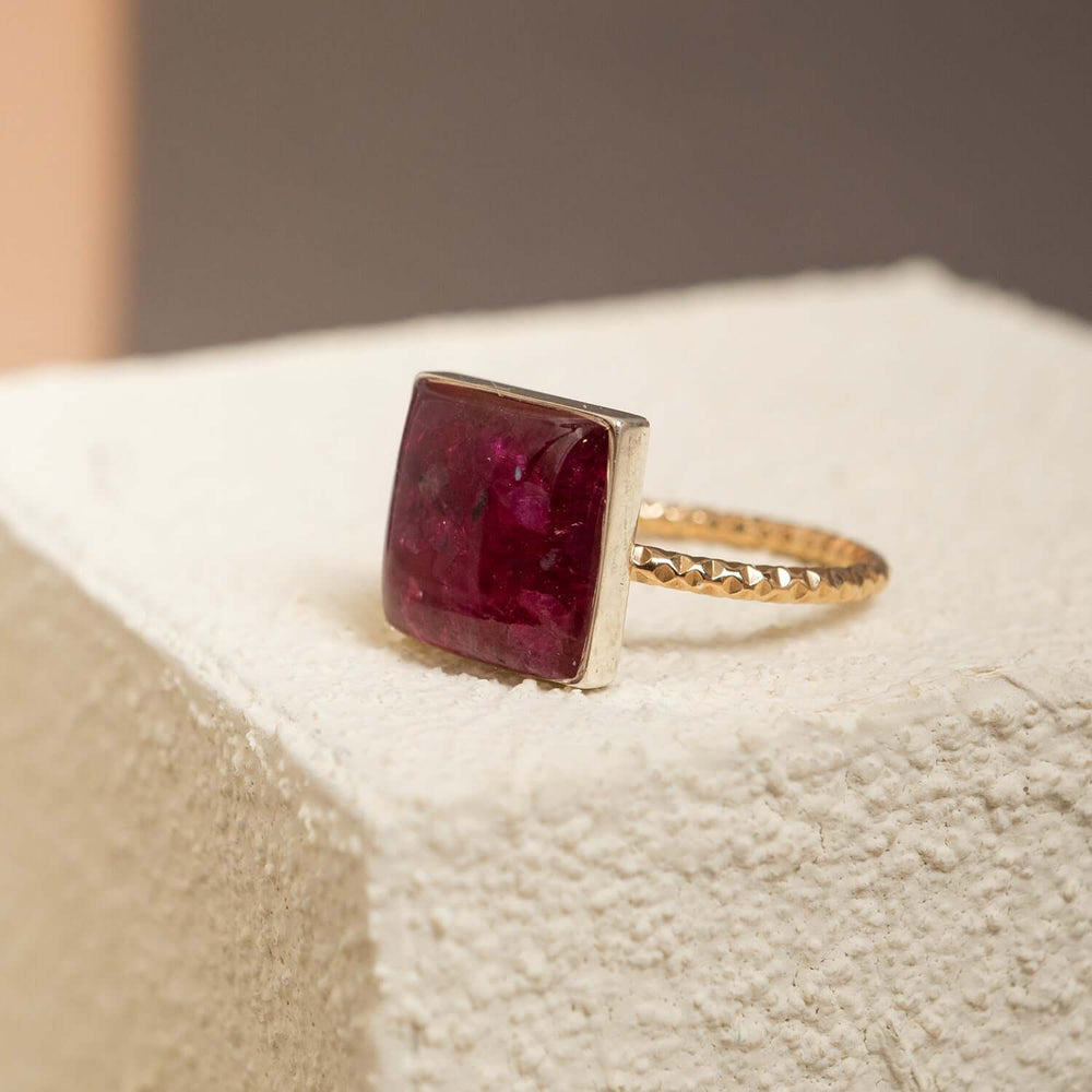 Handcrafted statement ruby square ring with geometric crimson setting in gold-filled band by Kate Koel