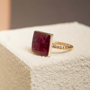 Handcrafted statement ruby square ring with geometric crimson setting in gold-filled band by Kate Koel