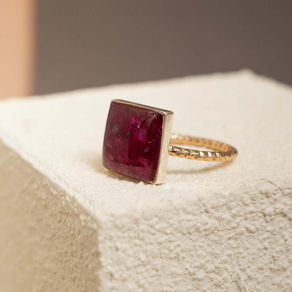 Handcrafted statement ruby square ring with geometric crimson setting in gold-filled band by Kate Koel