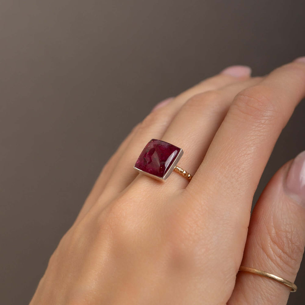 Handcrafted statement ruby square ring with geometric crimson setting in gold-filled band by Kate Koel