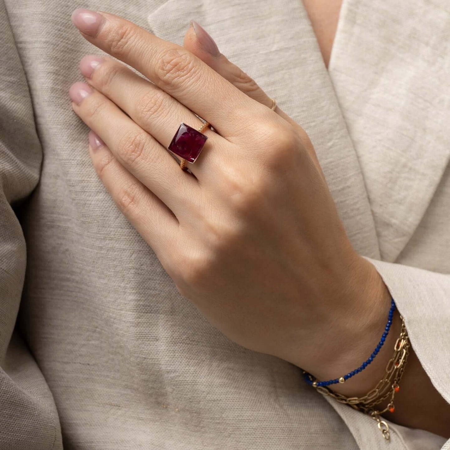 Handcrafted statement ruby square ring with geometric crimson setting in gold-filled band by Kate Koel
