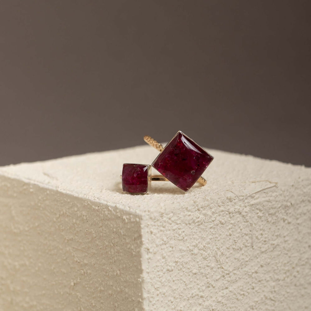 Handcrafted statement ruby square ring with geometric crimson setting in gold-filled band by Kate Koel
