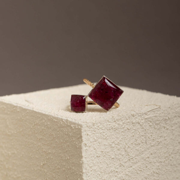 Handcrafted statement ruby square ring with geometric crimson setting in gold-filled band by Kate Koel