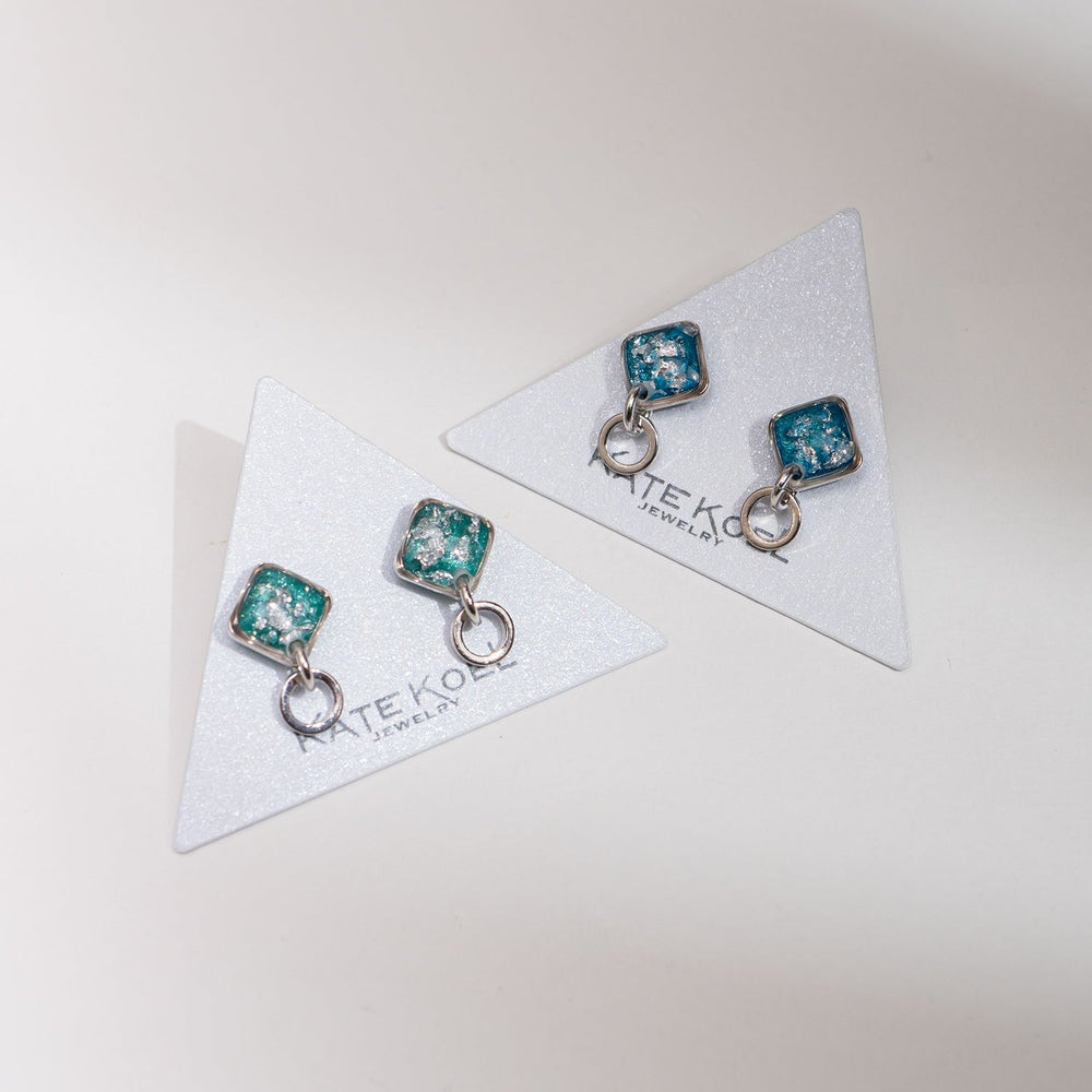 Teal Square Stud Drop Earrings - Kate Koel