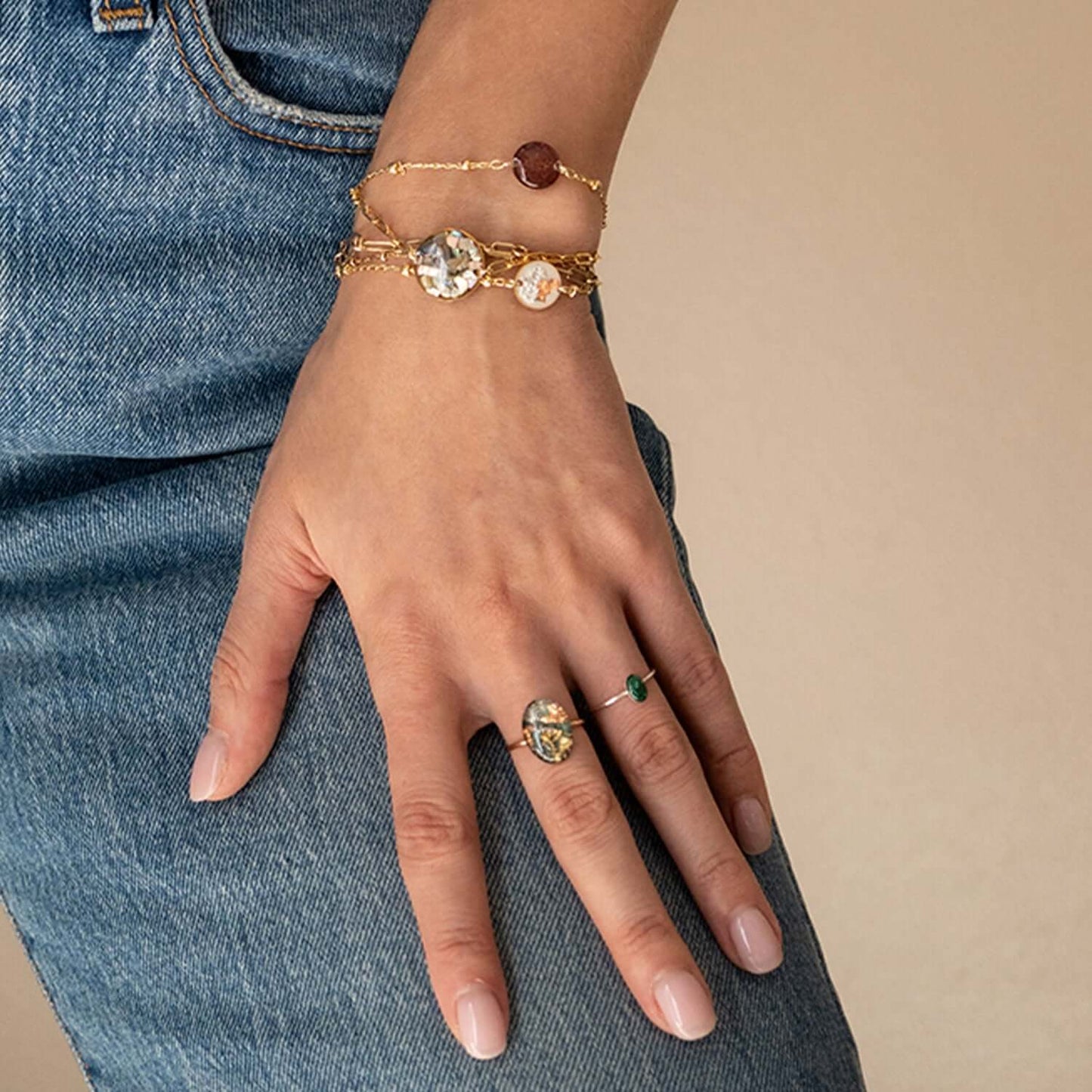 Tiny Oval Malachite ring in Silver - Kate Koel