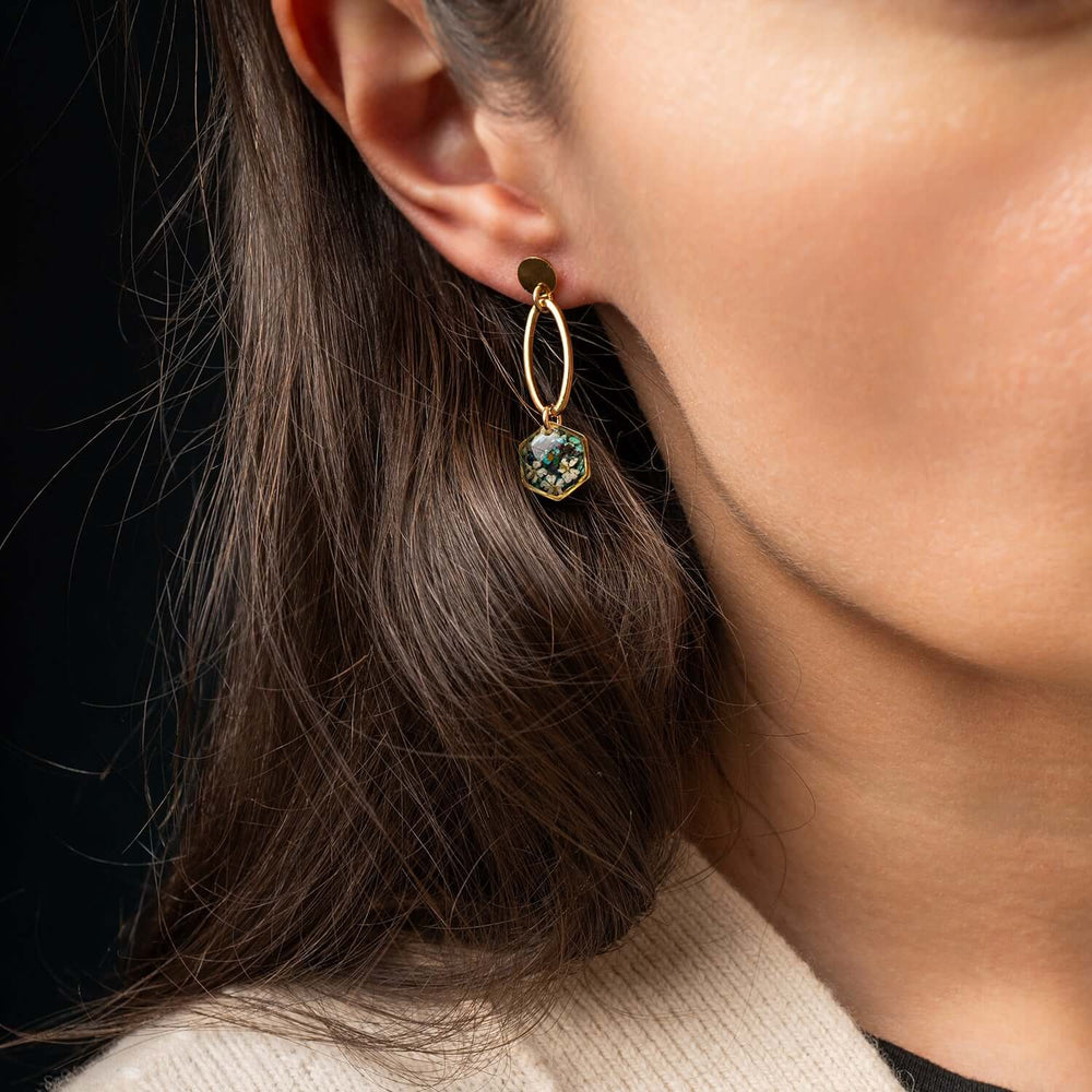 Handcrafted turquoise dangle earrings with delicate flower motif in gold-filled settings by Kate Koel