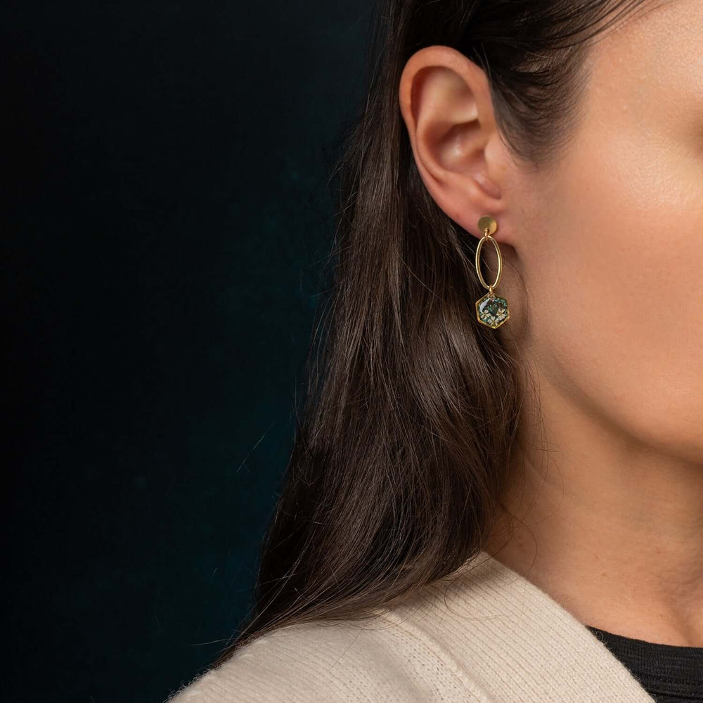 Handcrafted turquoise dangle earrings with delicate flower motif in gold-filled settings by Kate Koel