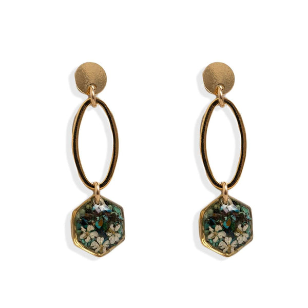 Handcrafted turquoise dangle earrings with delicate flower motif in gold-filled settings by Kate Koel