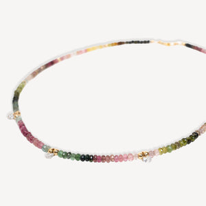 Multicolored Watermelon Tourmaline Beaded Necklace on a white background