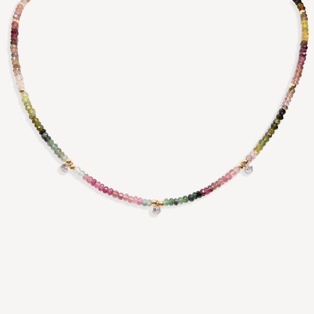 Multicolored Watermelon Tourmaline Beaded Necklace and earrings on a white background