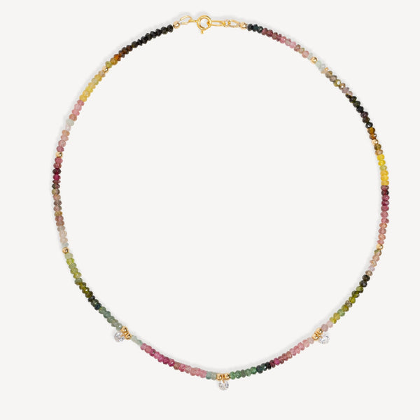 Multicolored Watermelon Tourmaline Beaded Necklace on a white background