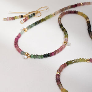 Multicolored Watermelon Tourmaline Beaded Necklace and earrings on a white background