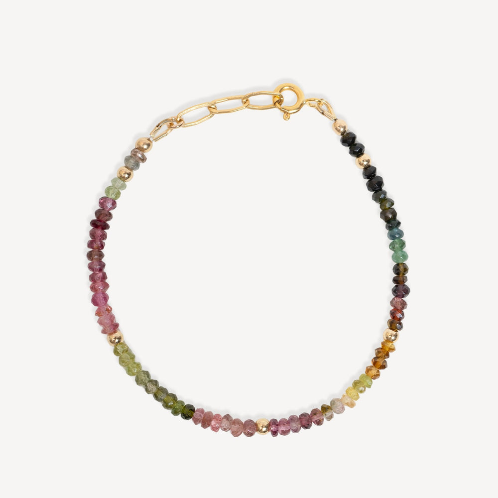 Multicolored beaded bracelet on a gold chain with a white background