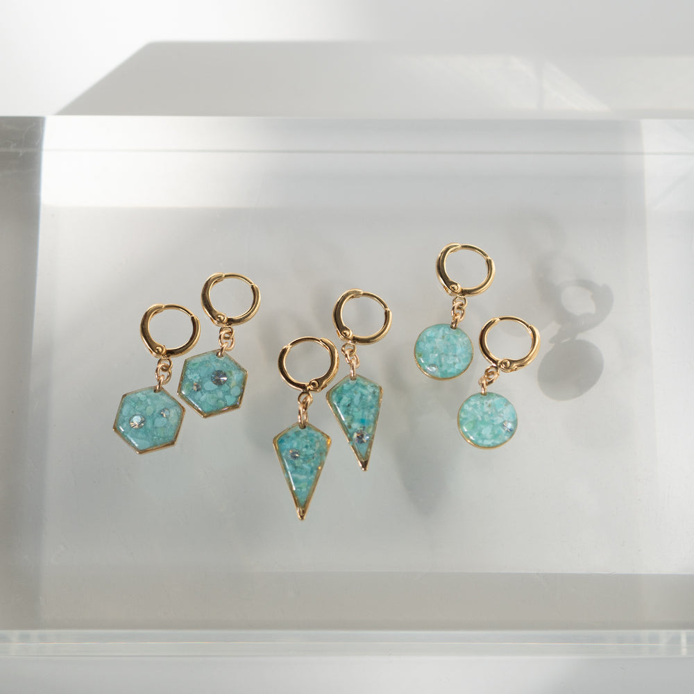 Dangling Huggie Hoop Earrings with crushed Turquoise